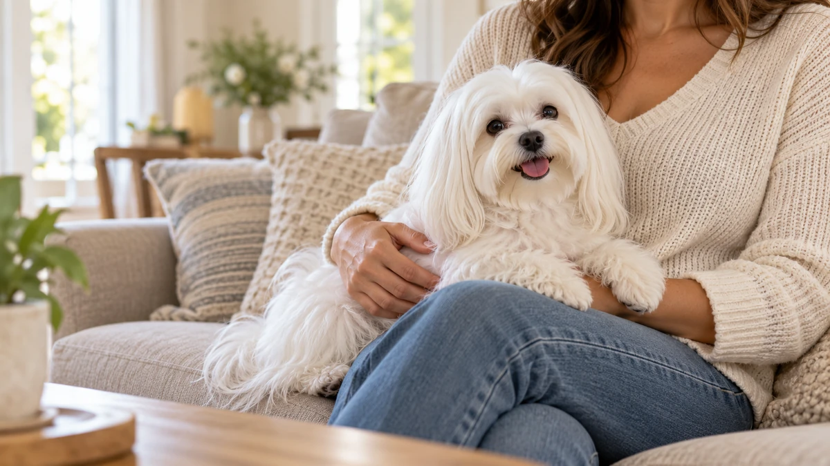 Maltese Terrier köpek — sahibinin kucağında