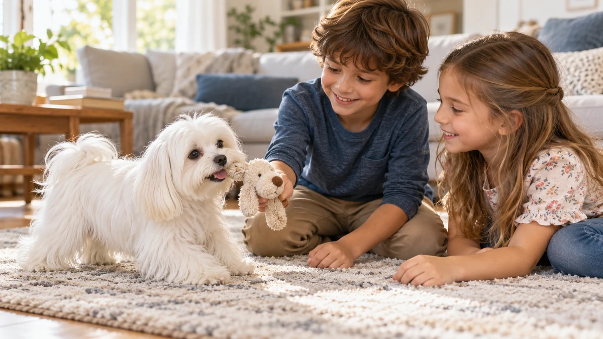 Maltese Terrier köpek — çocuklarla oyun