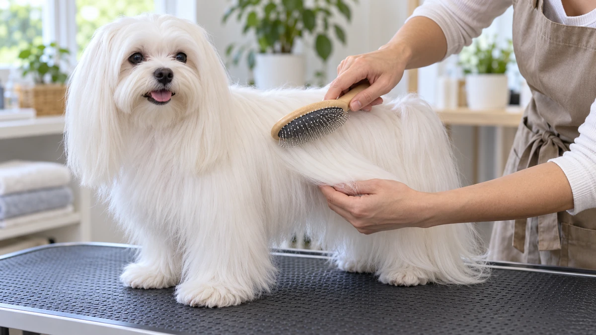 Maltese Terrier yavru köpek — tüy bakımı ve fırçalama