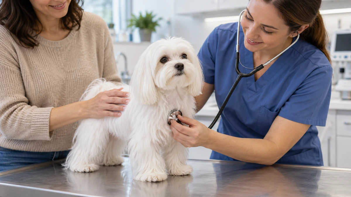 Maltese Terrier köpek — veteriner kontrolü
