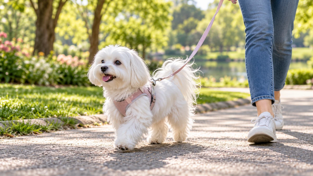 Maltese Terrier köpek — parkta yürüyüş ve egzersiz